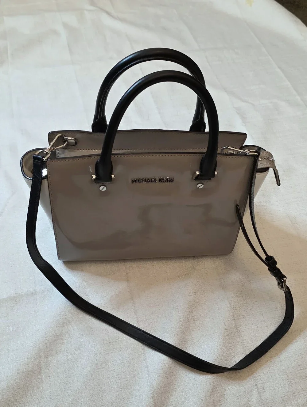 Michael Kors Selma Medium Patent Leather Satchel Crossbody Dark Cement Gray